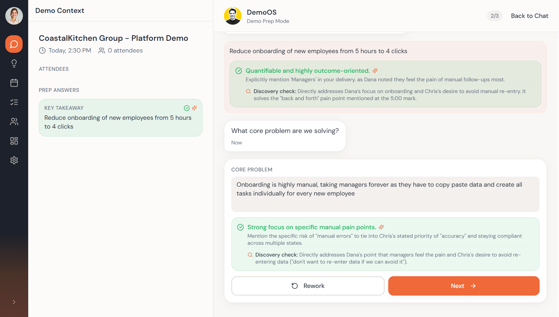 Demo Prep Mode with AI-guided key takeaway and core problem analysis