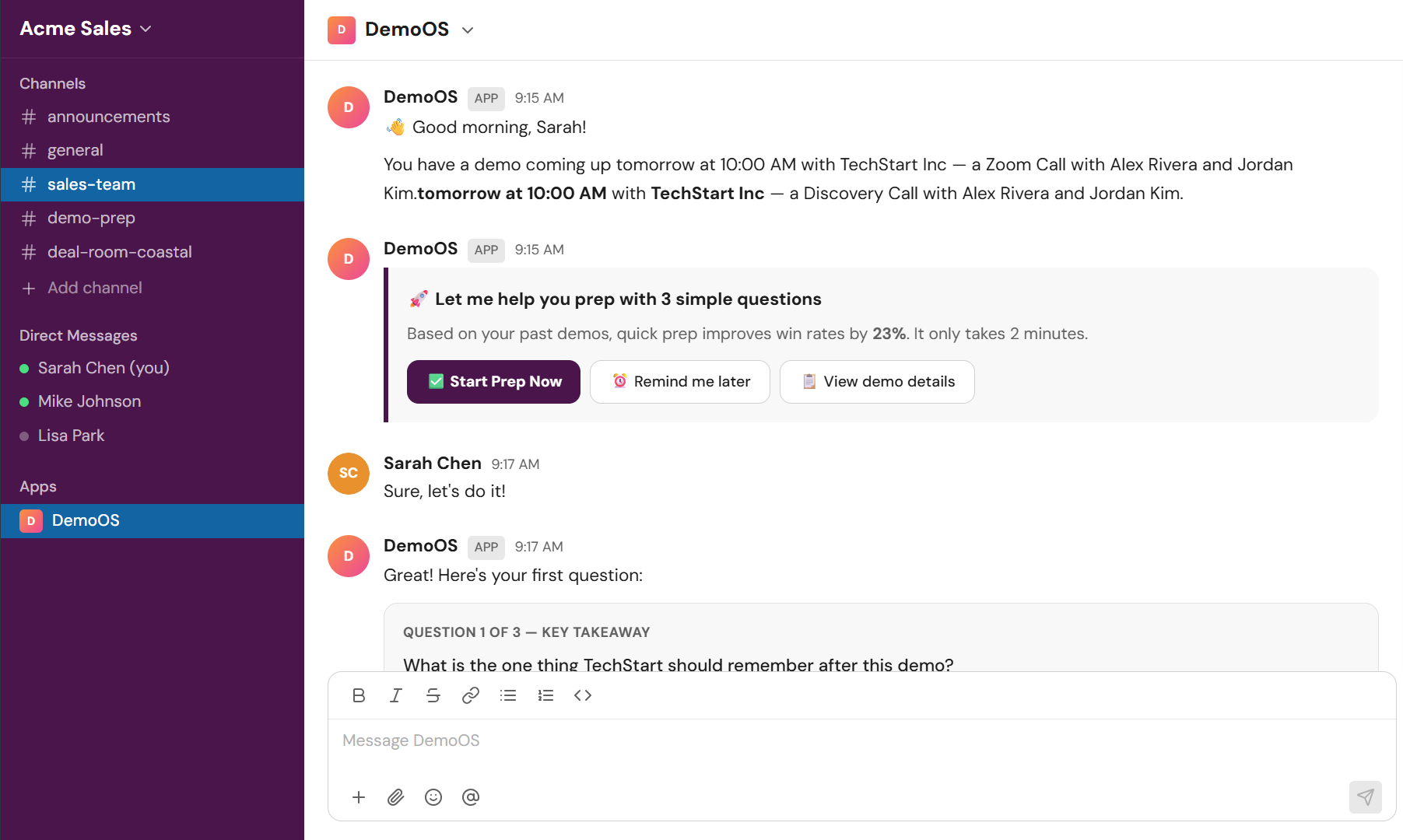 DemoOS Slack integration showing prep reminders and interactive demo preparation flow